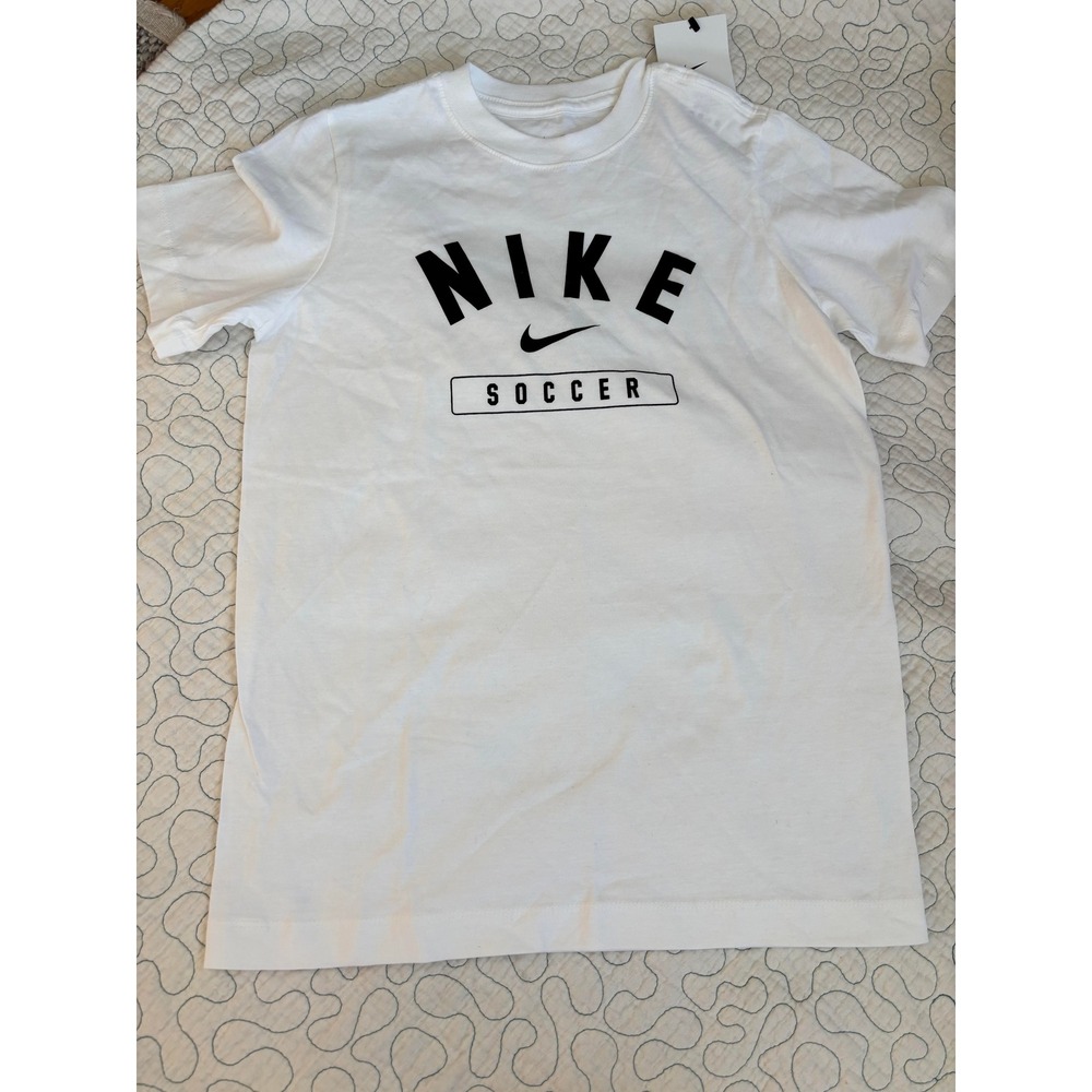 Nike Soccer Graphic T-Shirt White Black Swoosh Kids Athletic Short Sleeve Medium
